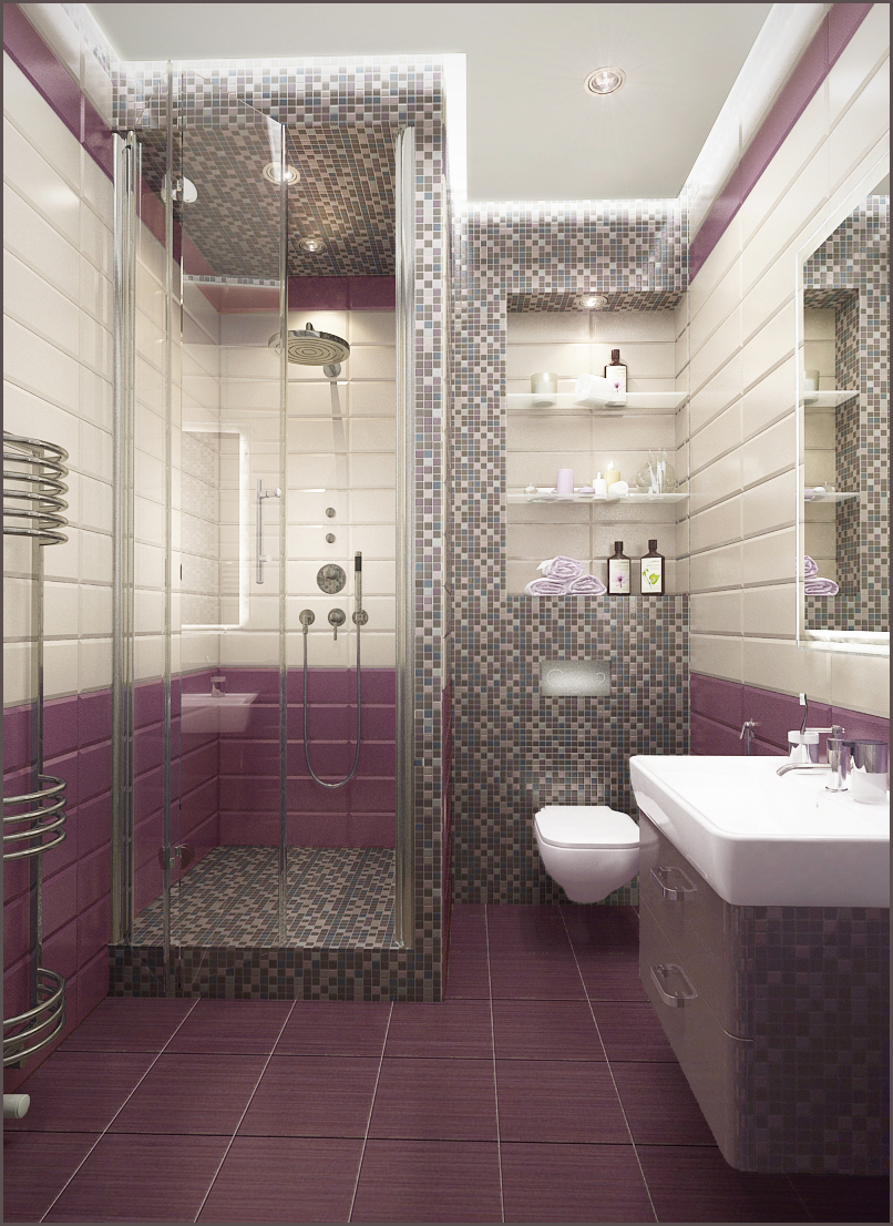 O haga un diseño de azulejos en el baño de un solo color, pero cree   acento brillante   en una de las paredes (en forma de una franja de color contrastante o un panel brillante)